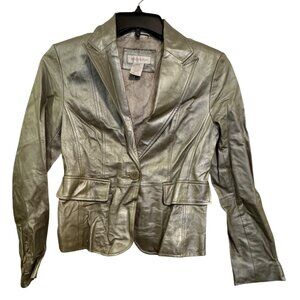 Vintage Worthington Womens Metallic Leather Blazer Jacket Small Button Front Fau